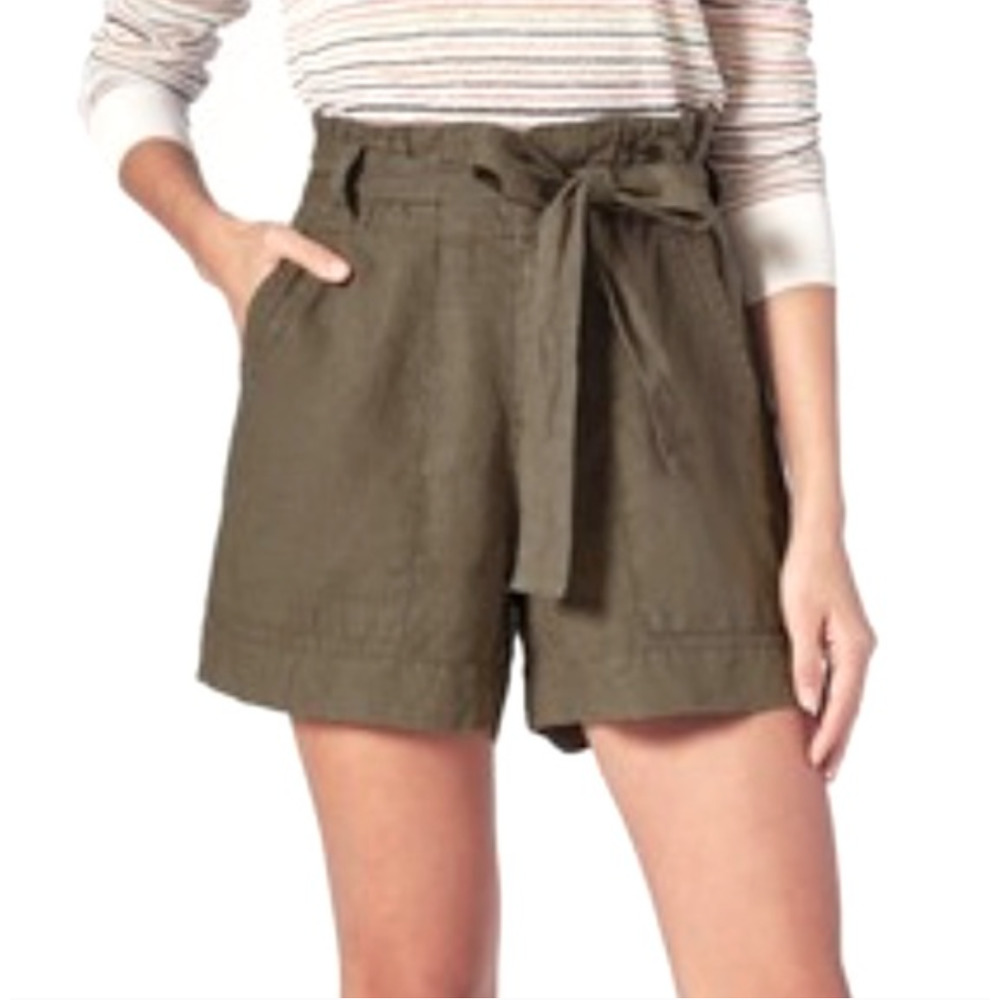 Magaschoni Olive Green Paperbag Linen Belted Utility Cargo Shorts Womens Medium